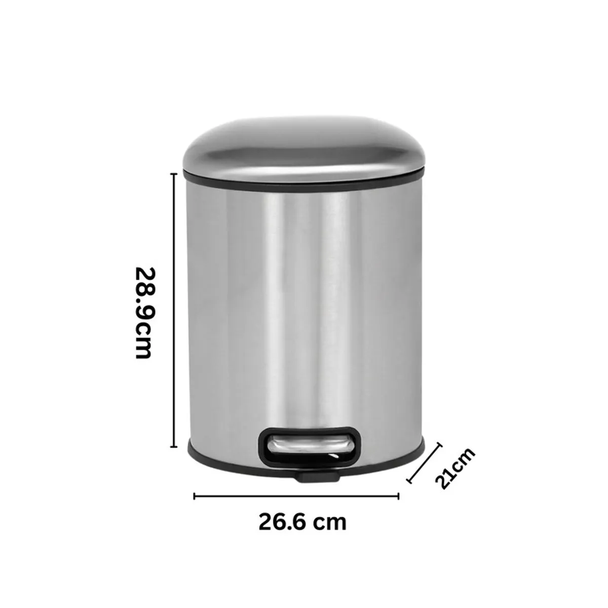 Silver cylindrical dustbin with dimensions marked on a white background