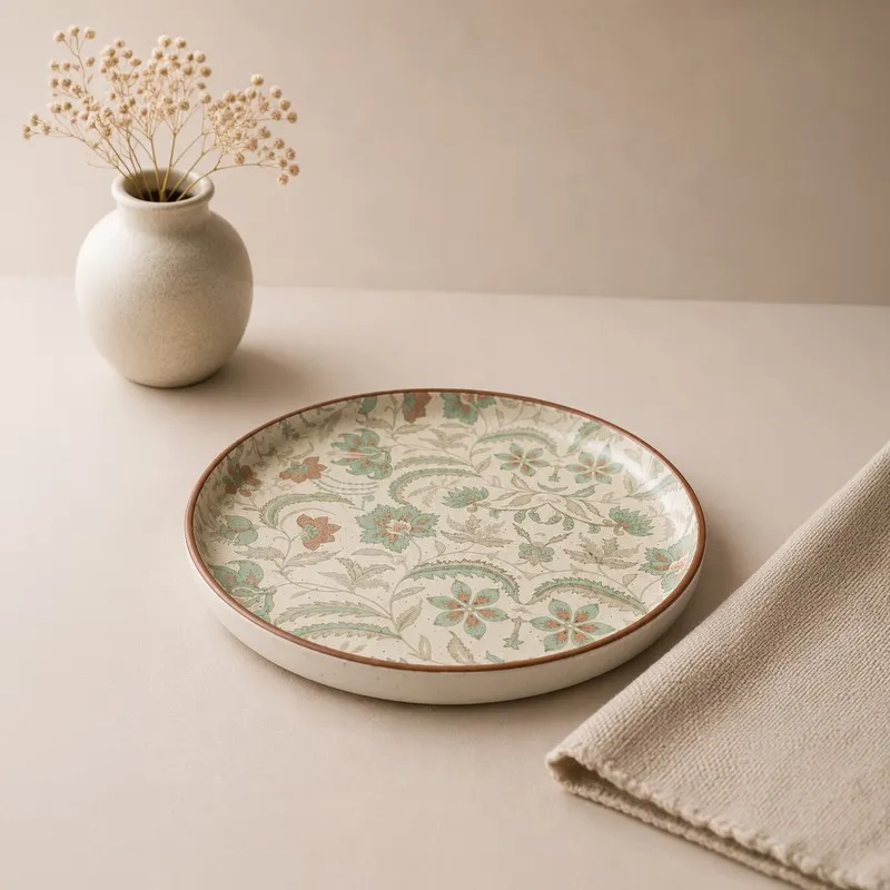 Single glossy ceramic quarter plate with soft green and beige floral design