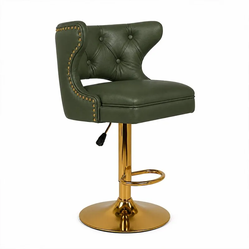 Three-quarter view of a green bar stool showing its curved back and gold-toned footrest