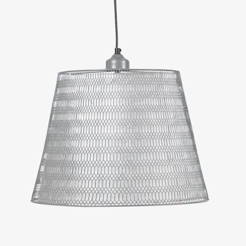 Grey tapered mesh pendant lamp with visible inner shade