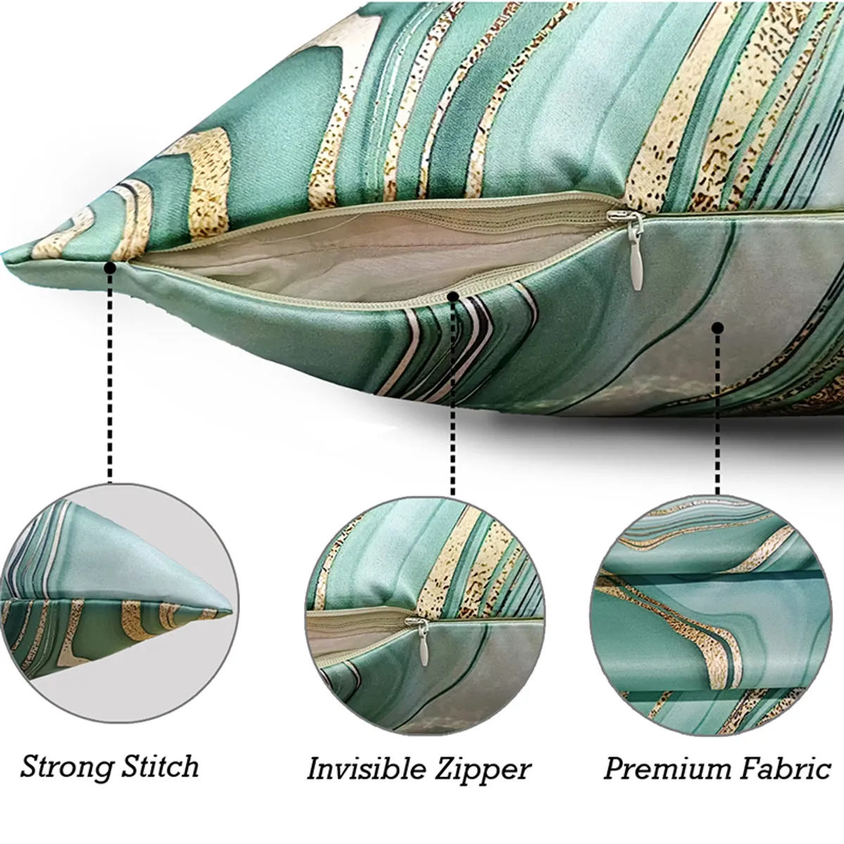 Close-up of green cushion cover showing its zip closure