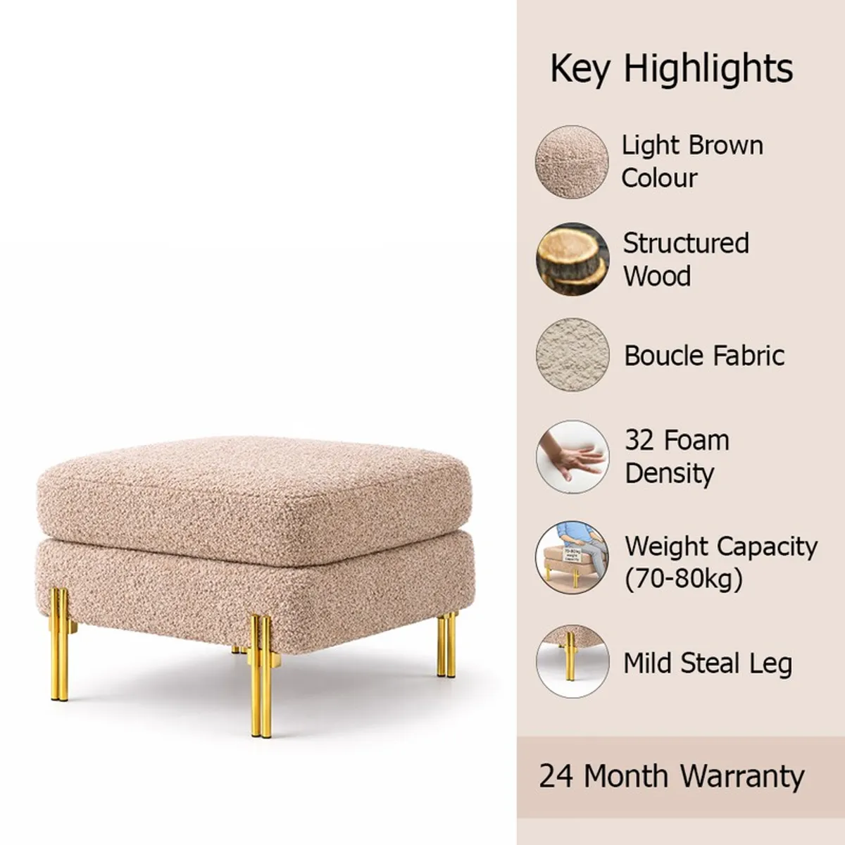 Boucle ottoman shown with gold legs beside a key highlights panel