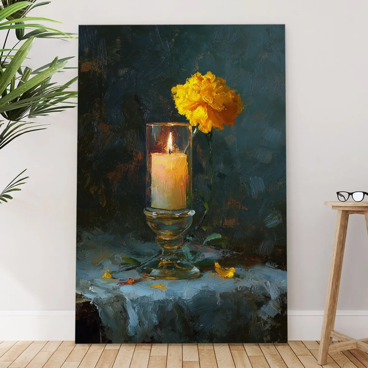 Rectangular canvas wall painting with candle-and-flower artwork leaning against a wall