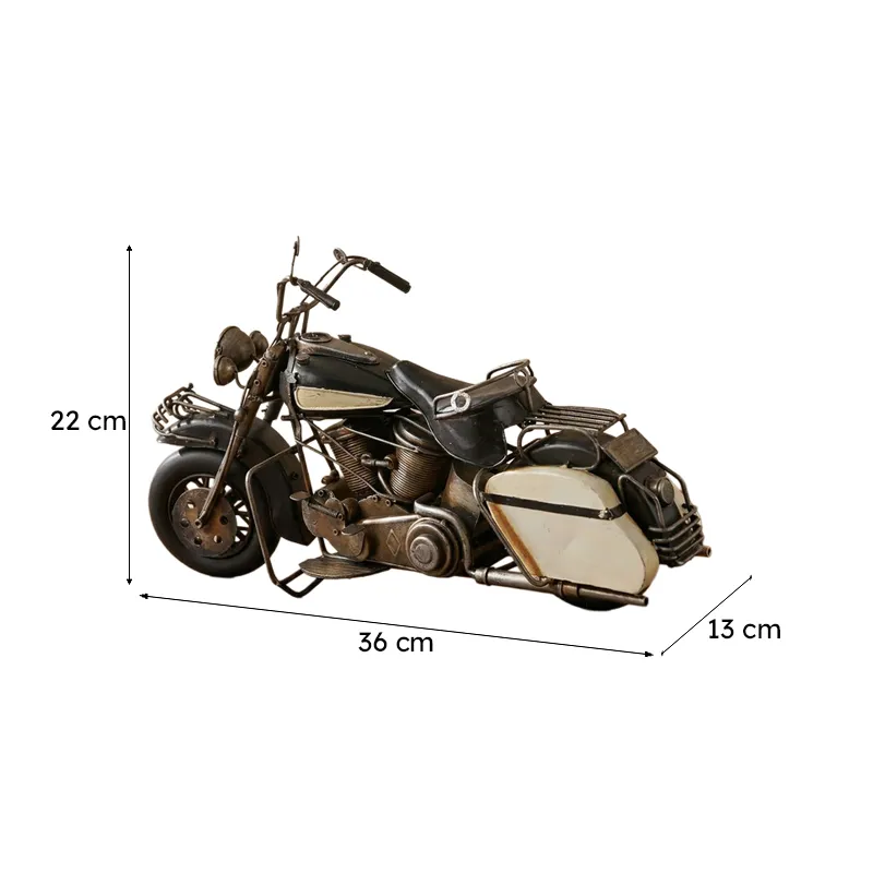 Vintage motorcycle showpiece with dimensions marked in centimetres