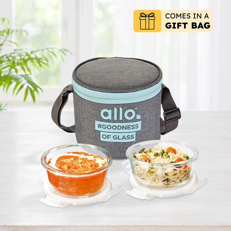 Oliva Round Glass Lunch Box With Canvas Grey Lunch Bag (400 ML) - Three Piece Set - 320 ML