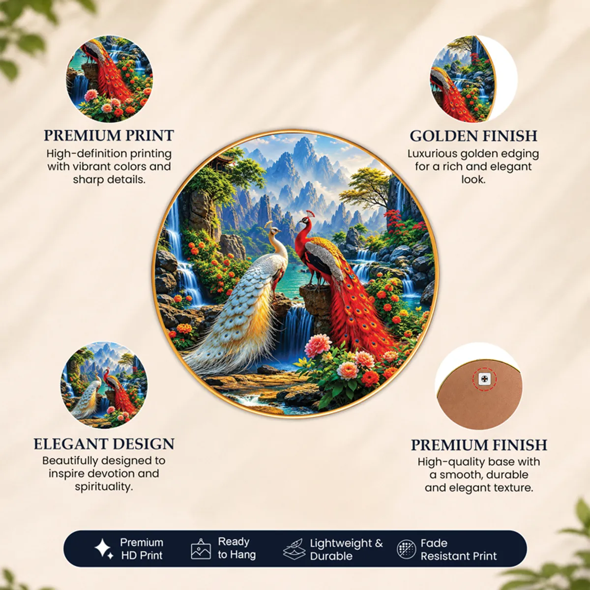 Round peacock wall art with close-up detail views and printed feature callouts