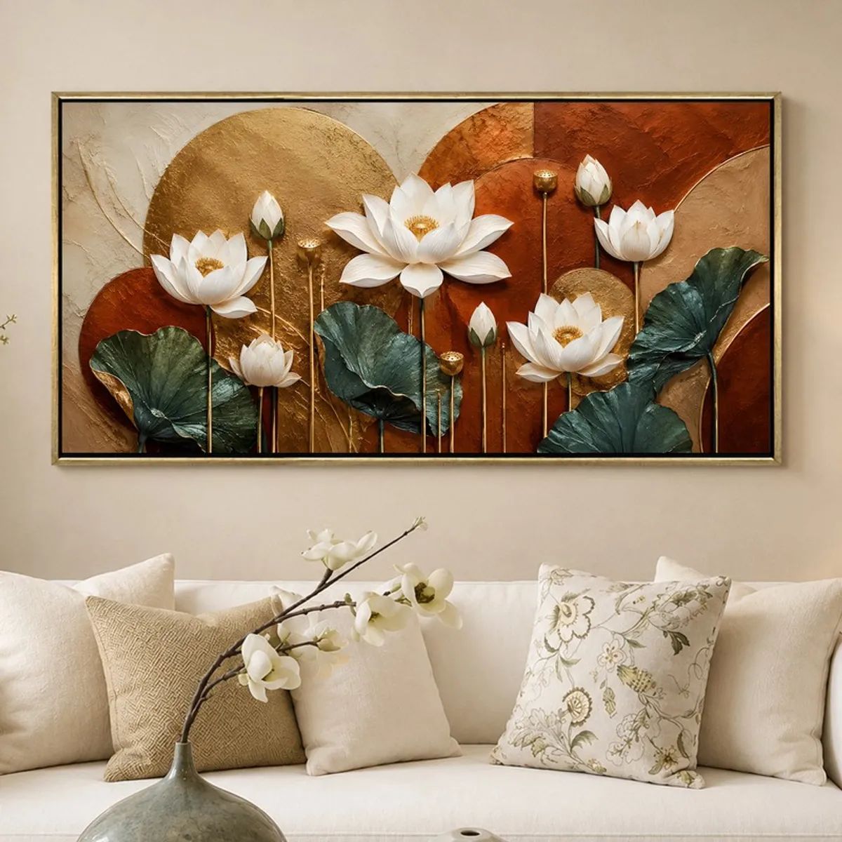 Large framed lotus wall painting displayed above a white sofa