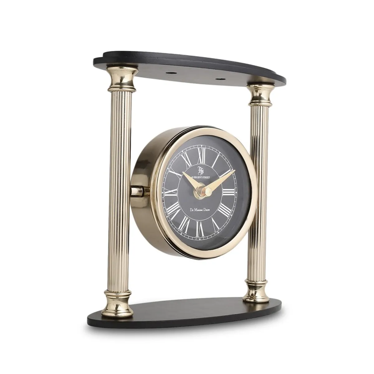 Side angled view of pillar-style gold and black table clock