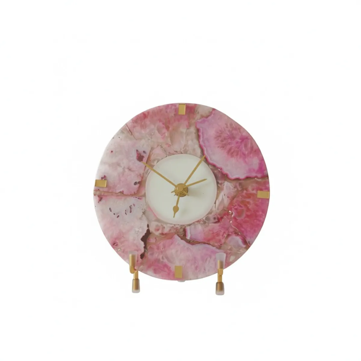 Front view of a round rose agate table clock with gold stand on white background