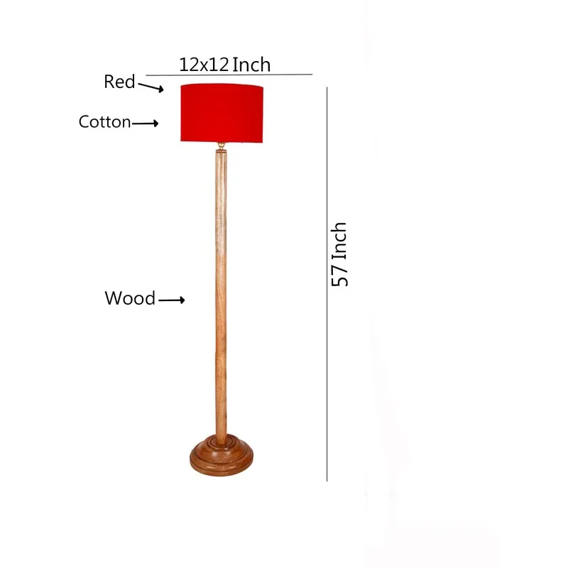 Measurement-style image of a wooden floor lamp with red shade on a white background