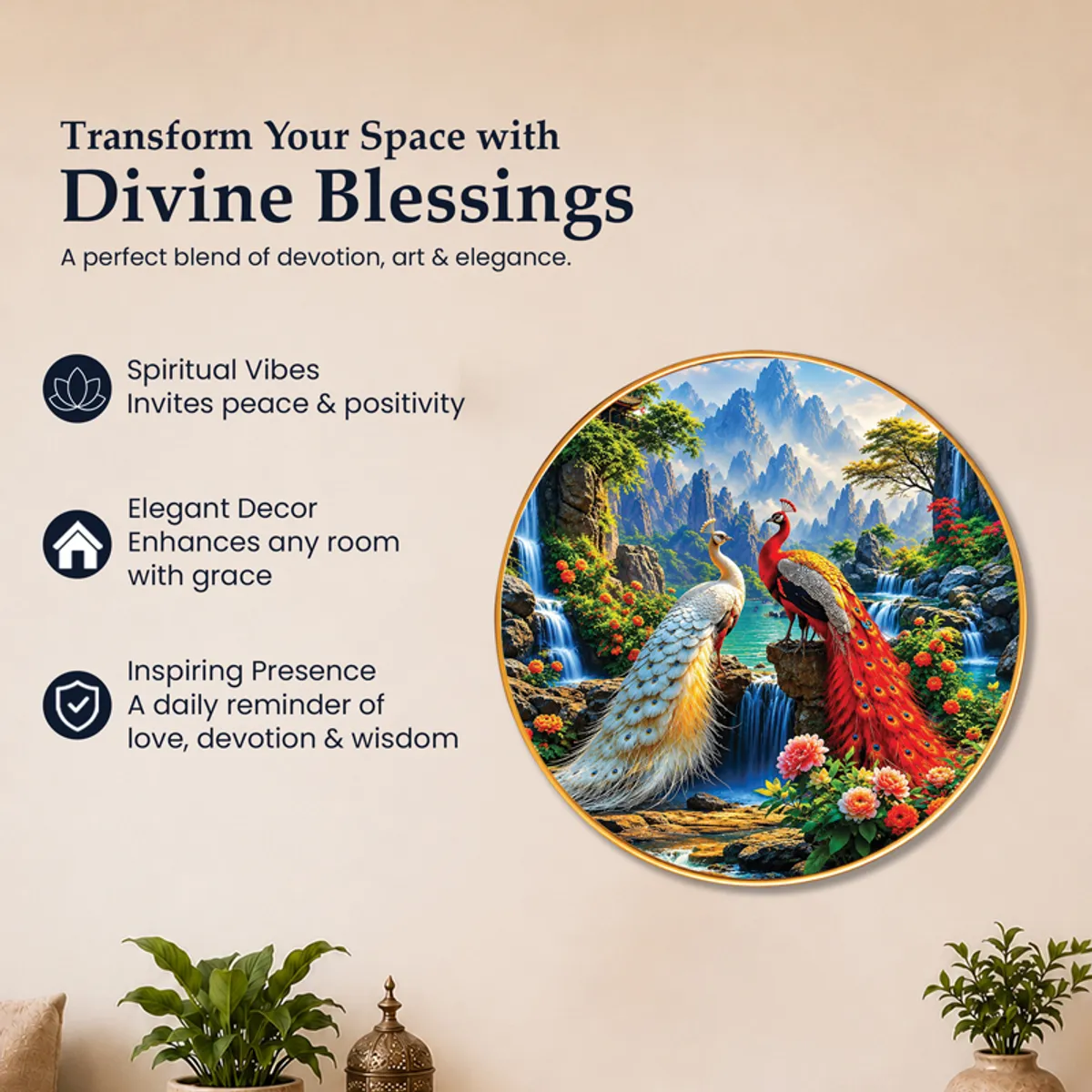 Promotional view of round peacock wall art with decorative text and icons