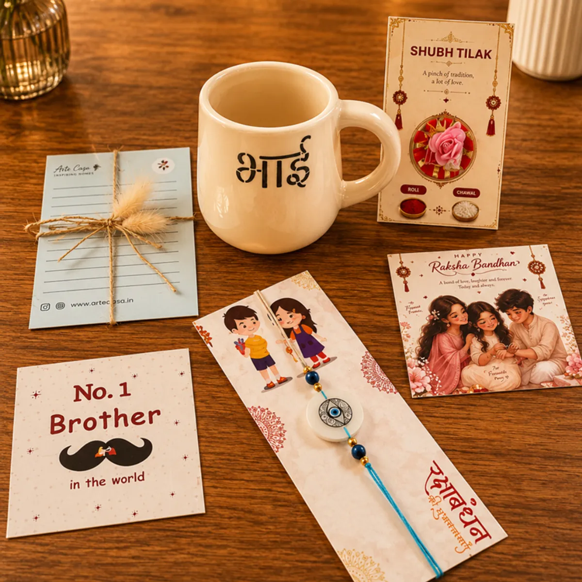 Ceramic Bhai mug displayed with rakhi, festive cards and Shubh Tilak items