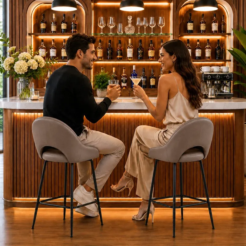 Two grey bar chairs placed at a home bar counter