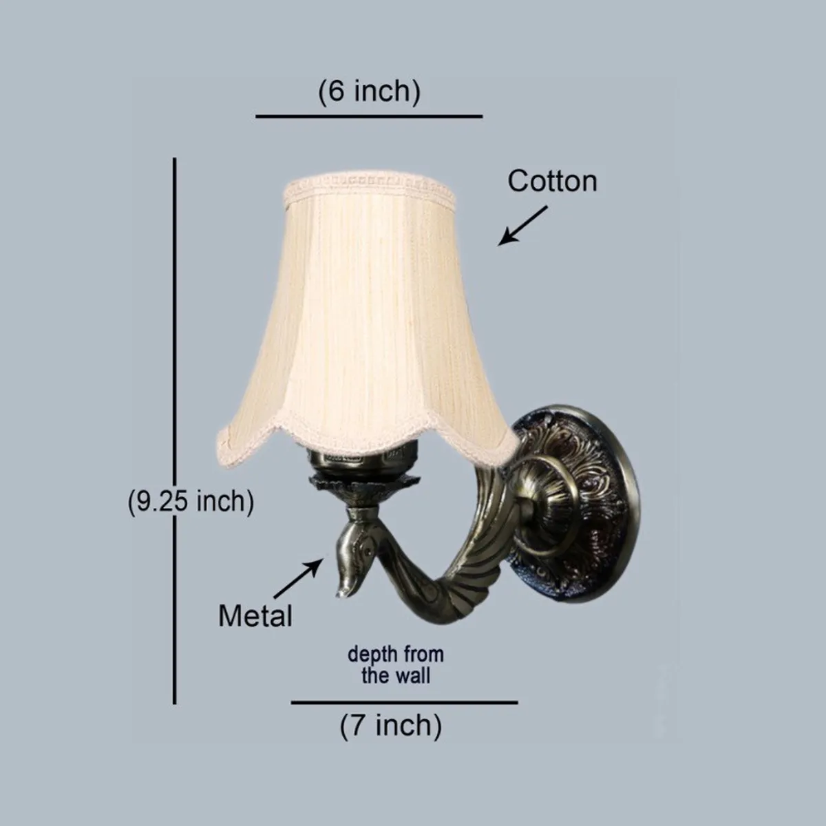 White cotton and metal wall lamp shown with visible dimension markings