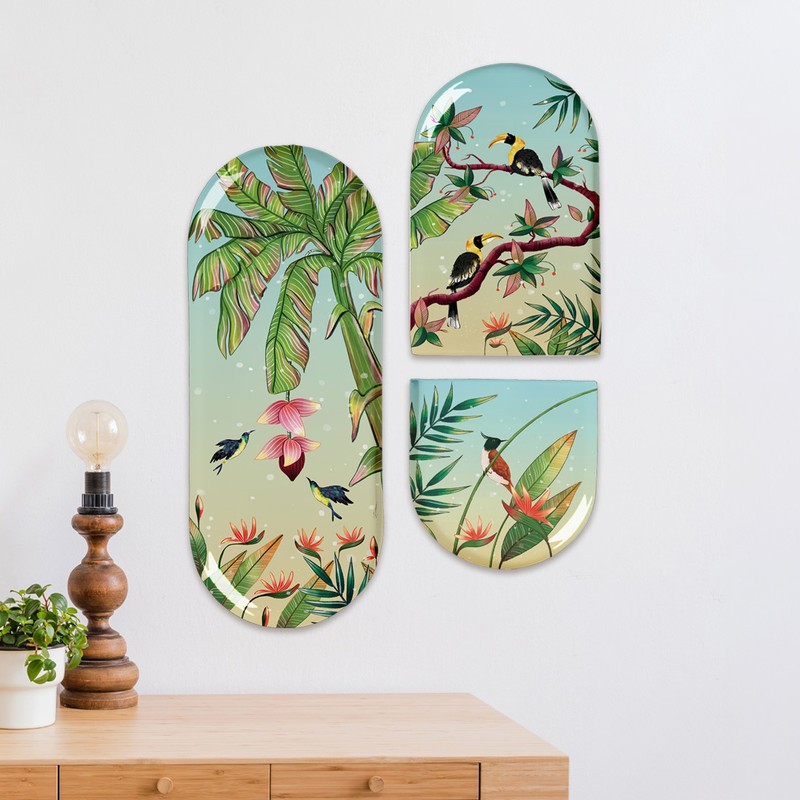 Tropical Birdsong Botanical Metal Wall Plate - Set of Three