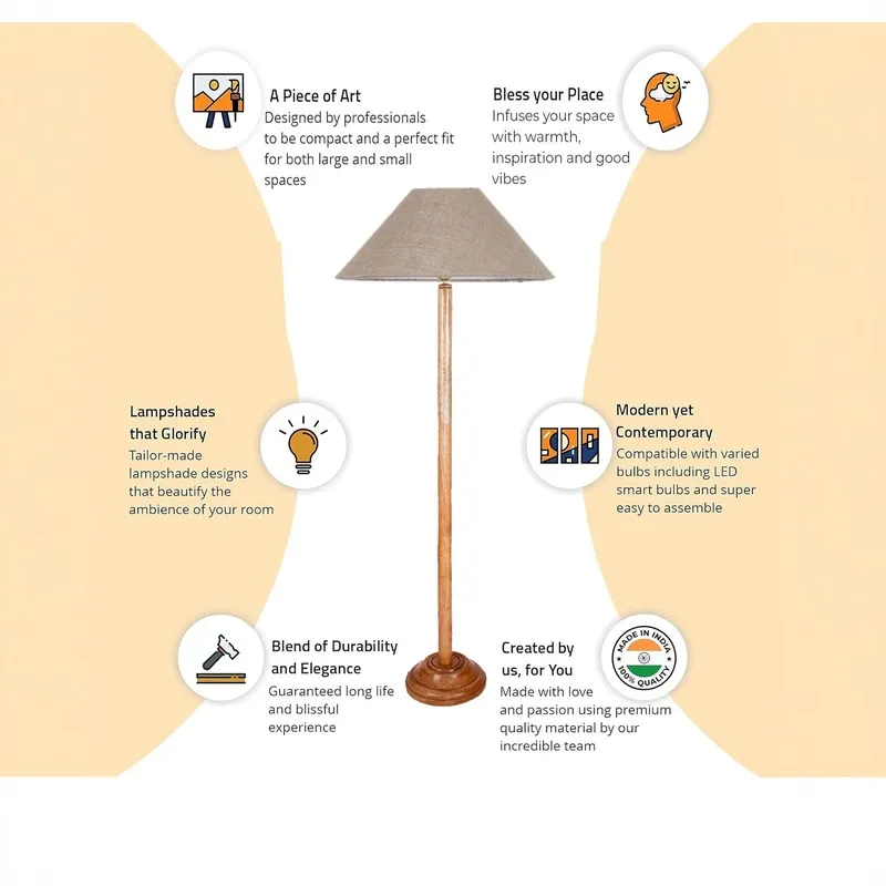 Floor lamp with beige shade shown with surrounding illustrated feature callouts