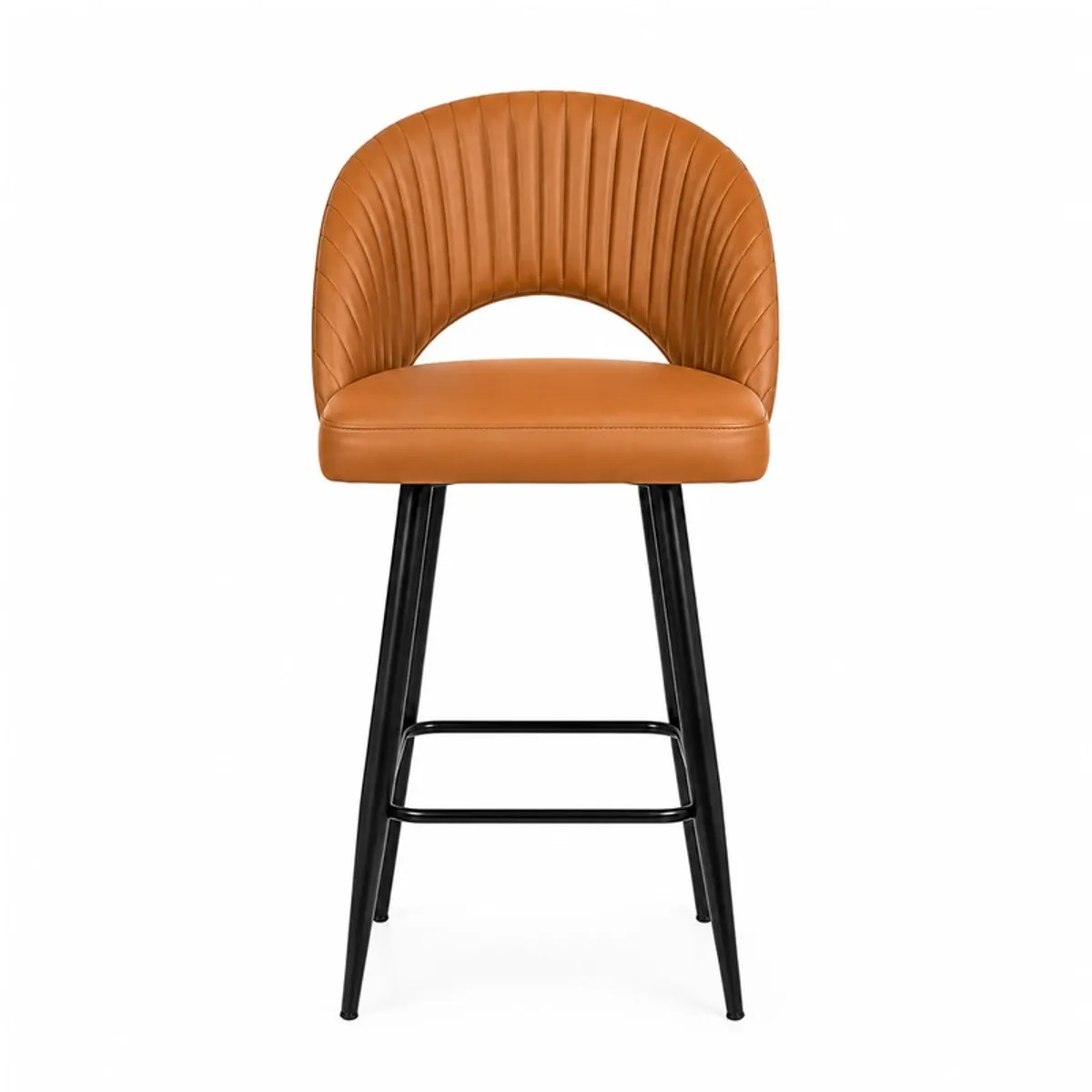 Front view of orange ribbed bar chair with black metal legs