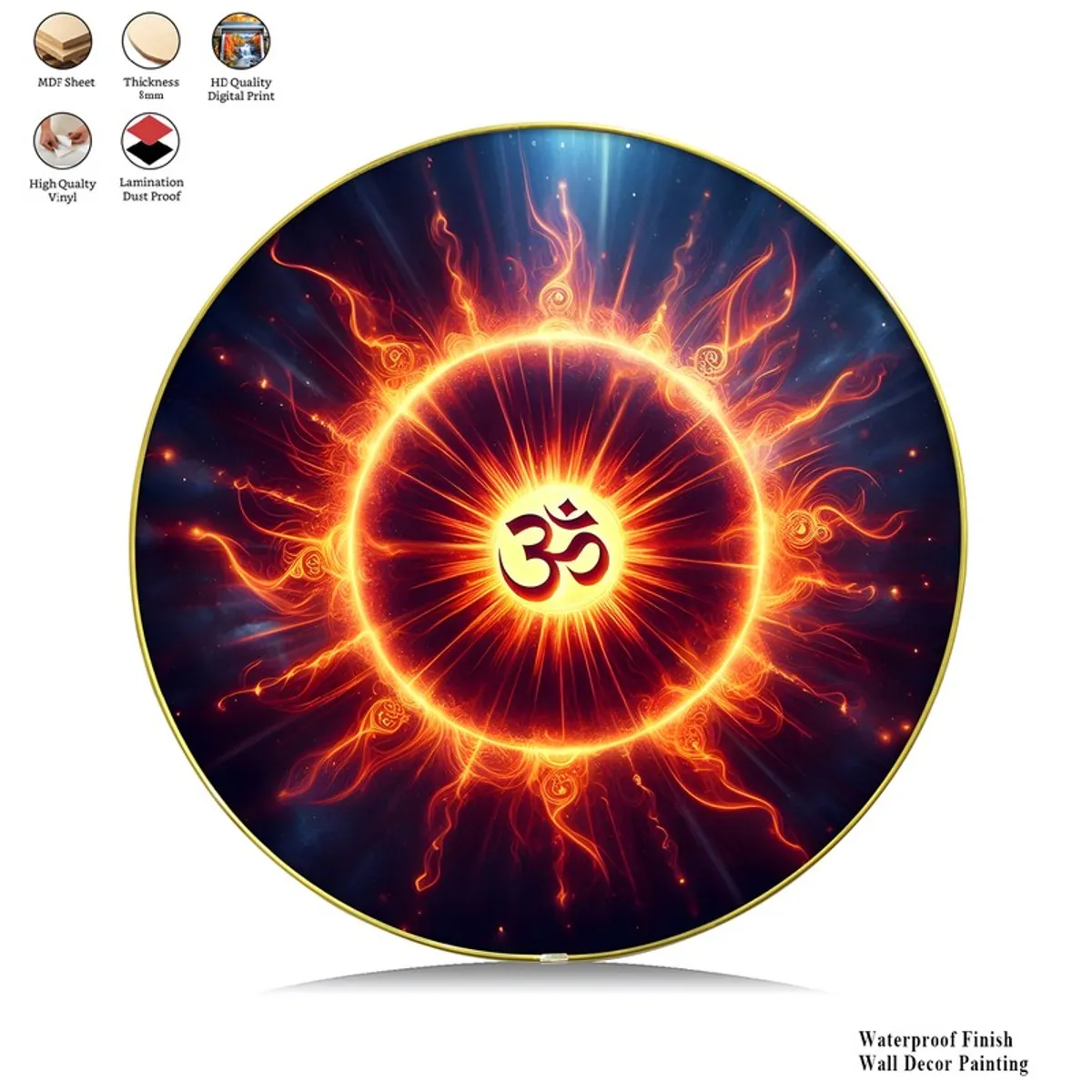 Front view of round wall art with bright Om motif and fiery circular pattern