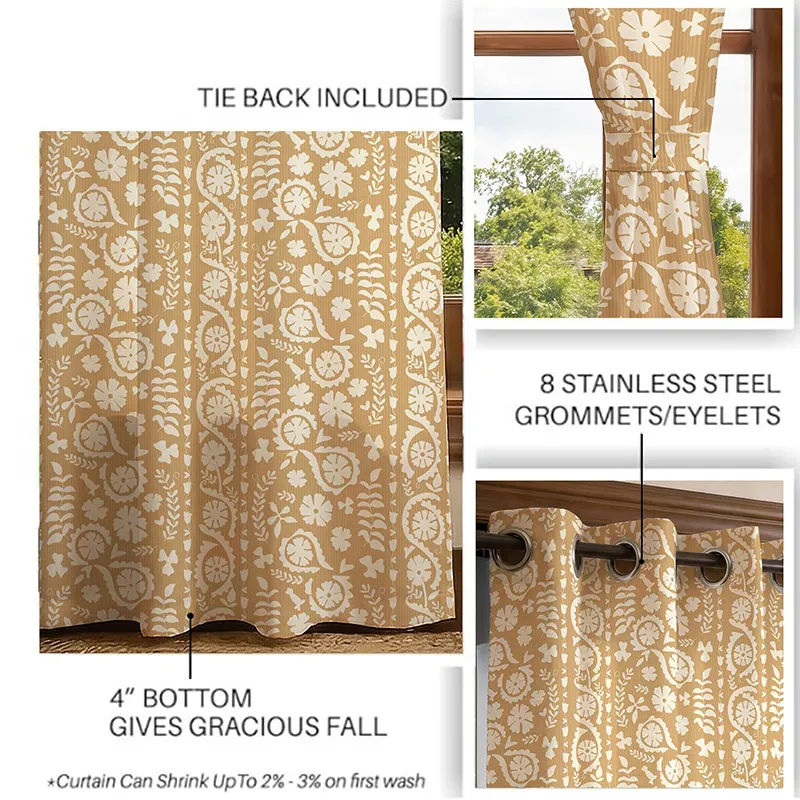 Beige floral printed curtain shown with close-up styling details