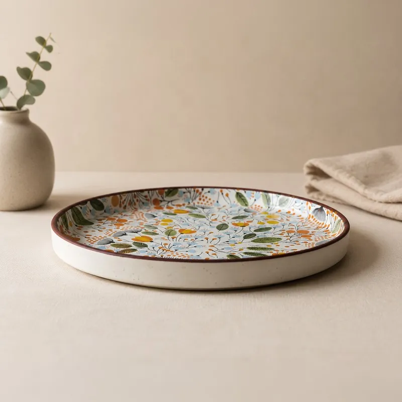 Side view of a floral ceramic quarter plate on a table