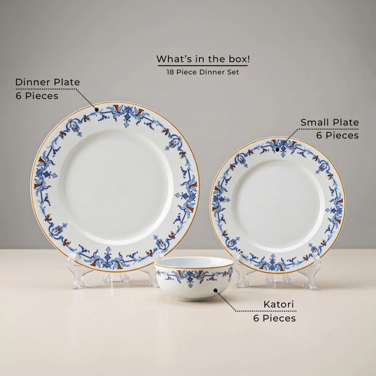 Blue and white dinner plate, small plate and bowl from the dinner set
