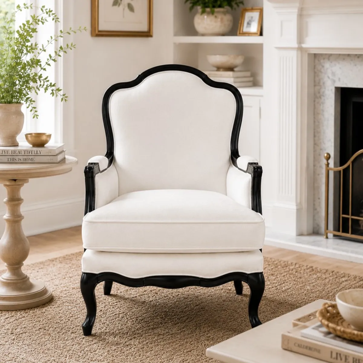 Front view of a white accent chair with ornate curved dark arms and legs