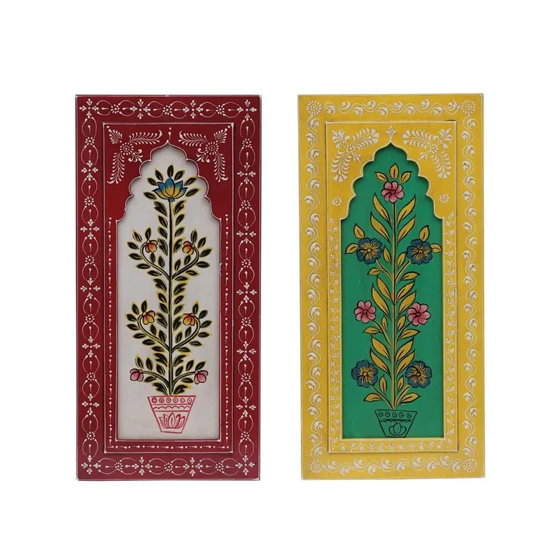 Front view of two multicolour rectangular wall accents with hand-painted floral designs