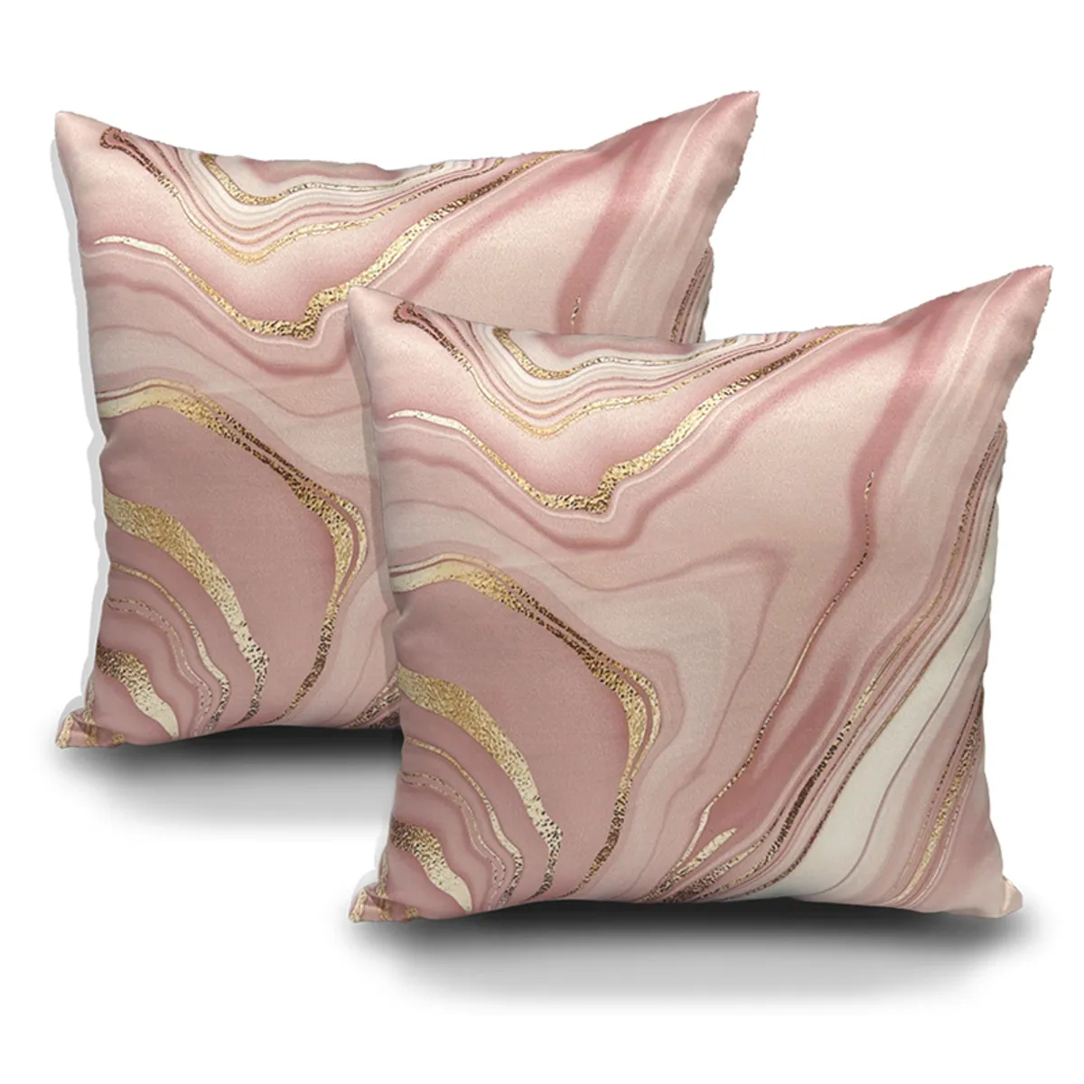 Pair of pink marbled swirl cushion covers displayed against a white background