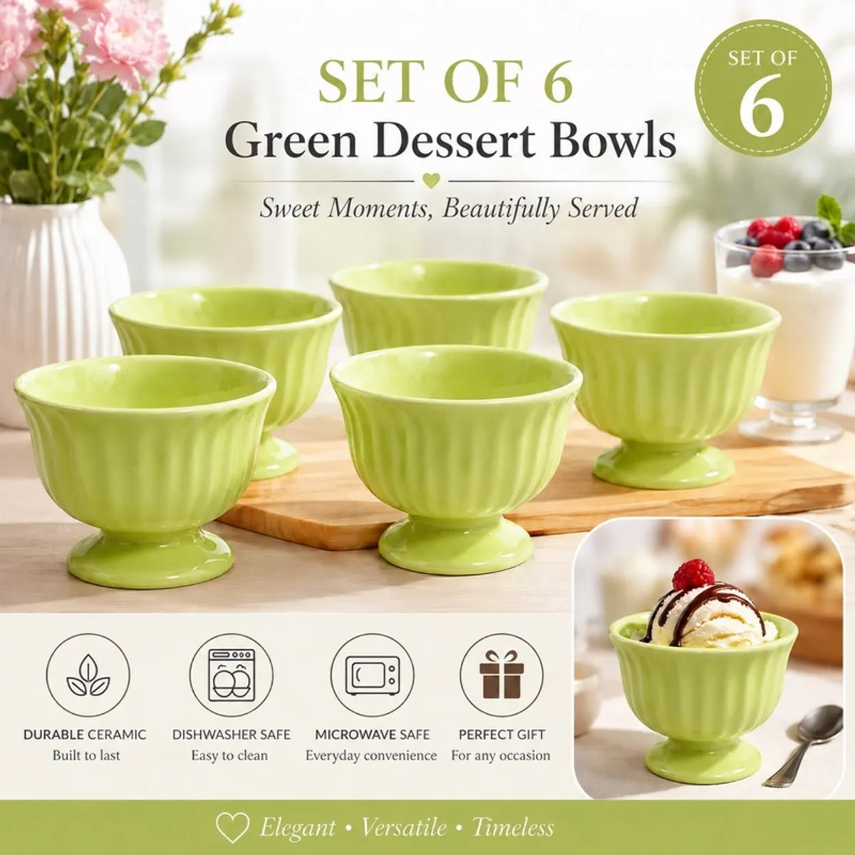 Six green dessert bowls displayed on a wooden board with ice cream and serving details.