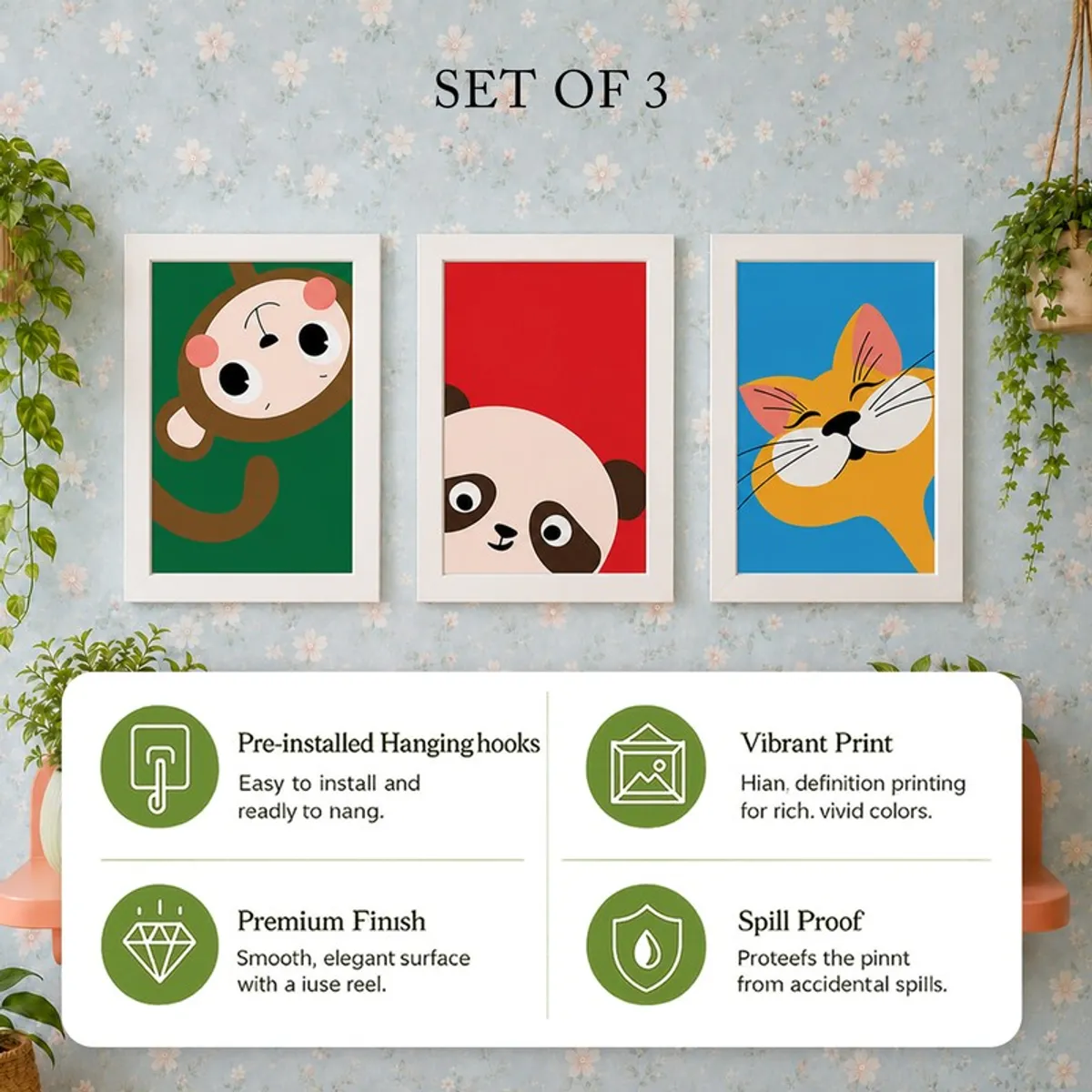 Set of three framed animal prints displayed together on a wall
