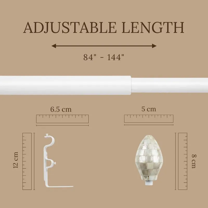 Extendable curtain rod shown with finial and bracket on a beige background