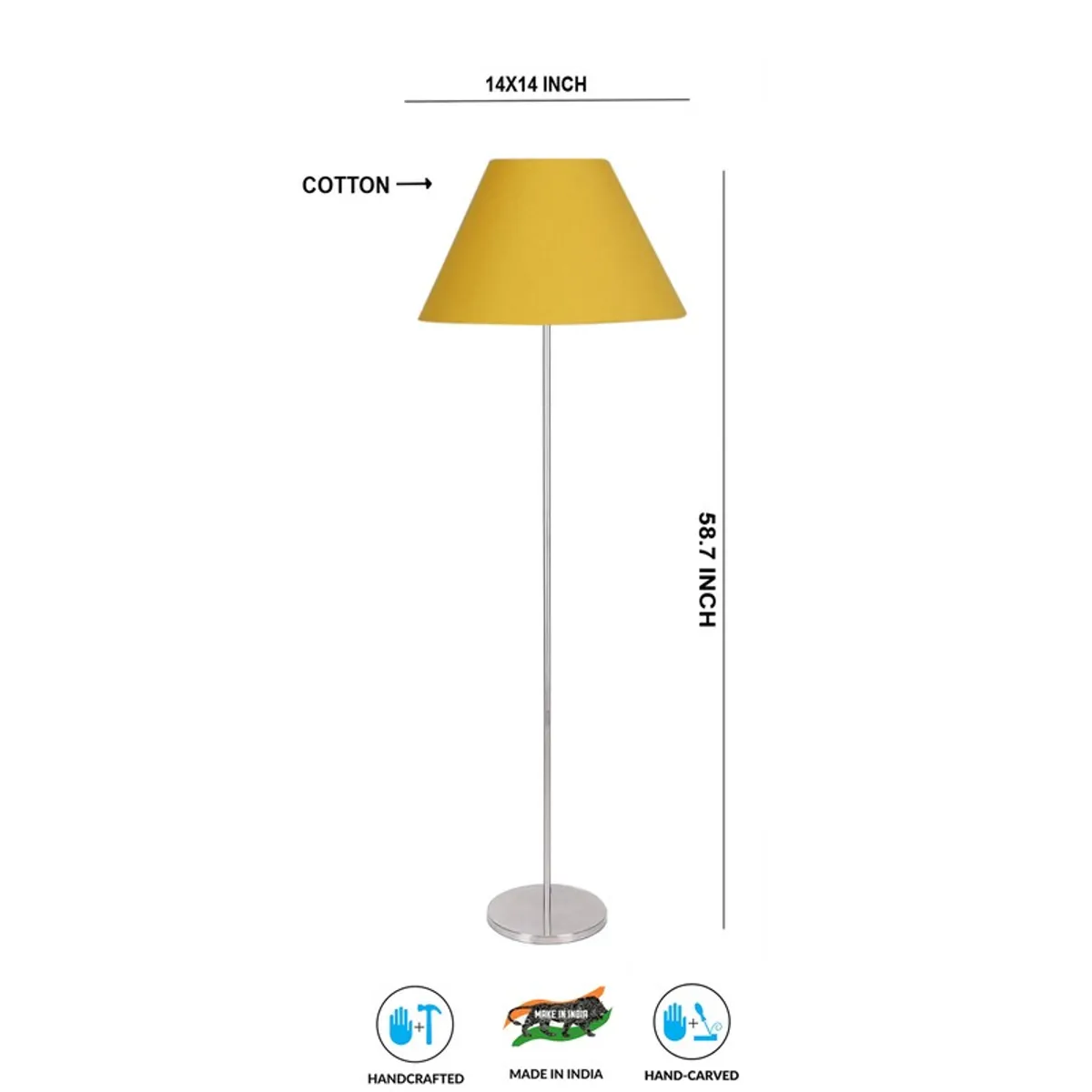 Yellow floor lamp product image with printed dimension annotations