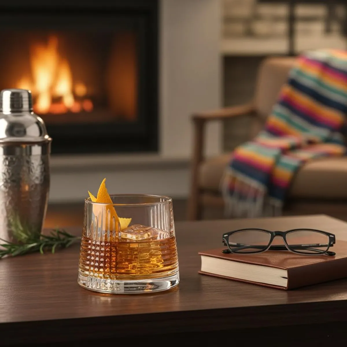 Clear textured whiskey glass with drink and ice beside shaker and book