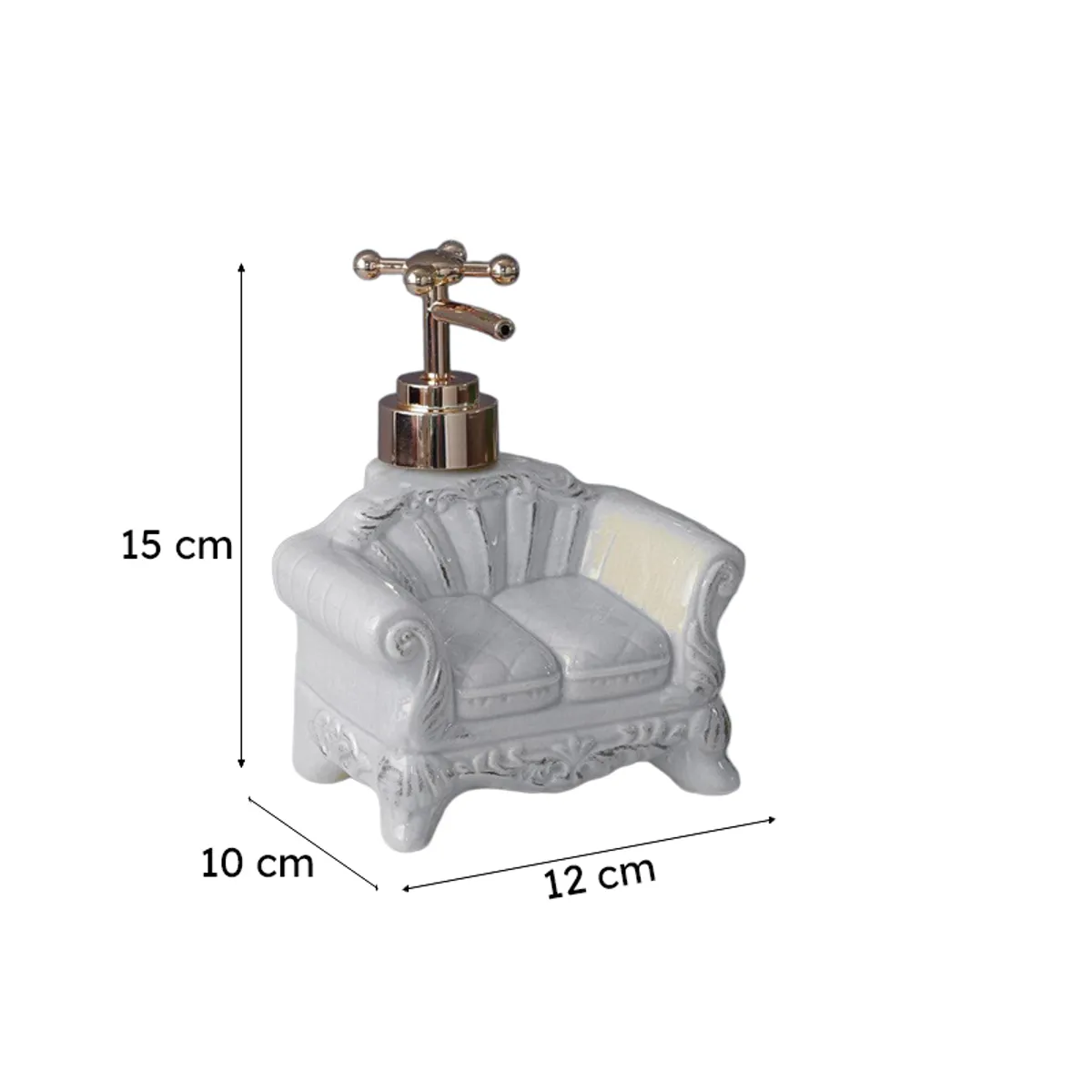 Grey ceramic sofa-shaped soap dispenser on a white background