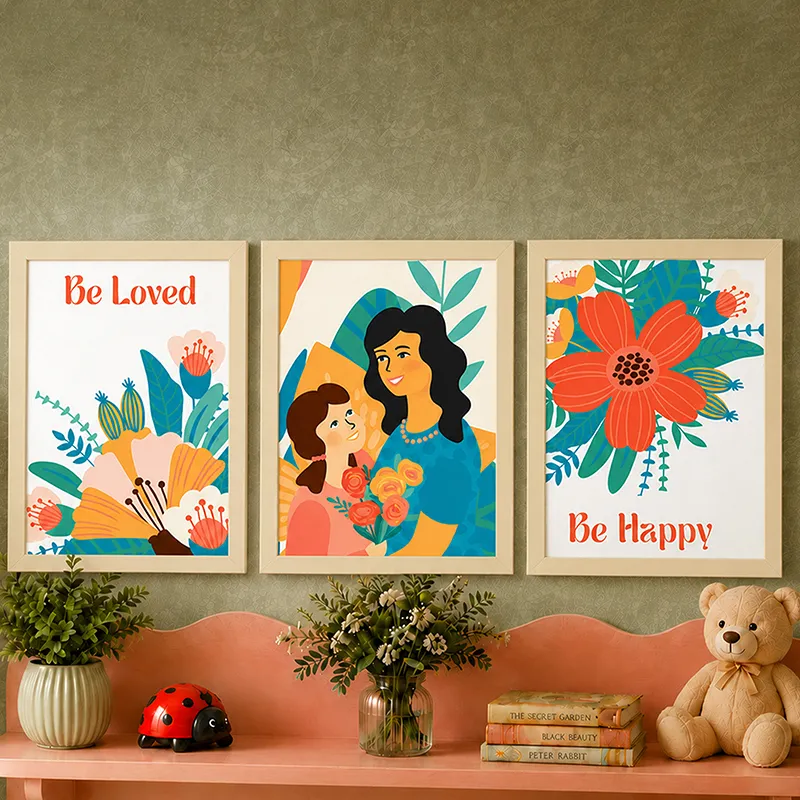 Set of three framed wall art prints displayed above a shelf with decor