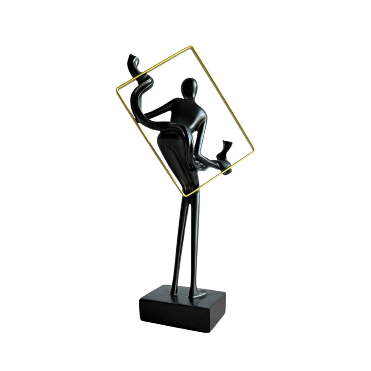 Rear view of a black and gold figurine with a geometric frame