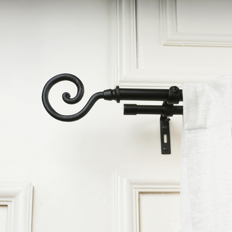Glissara Duo Extendable 1" Double Curtain Rods With Round Finial & Brackets (Black)