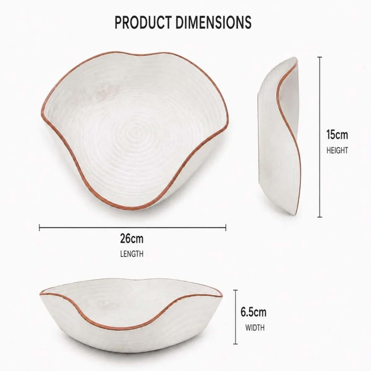 White free-form ceramic platter shown from multiple angles with product dimensions.