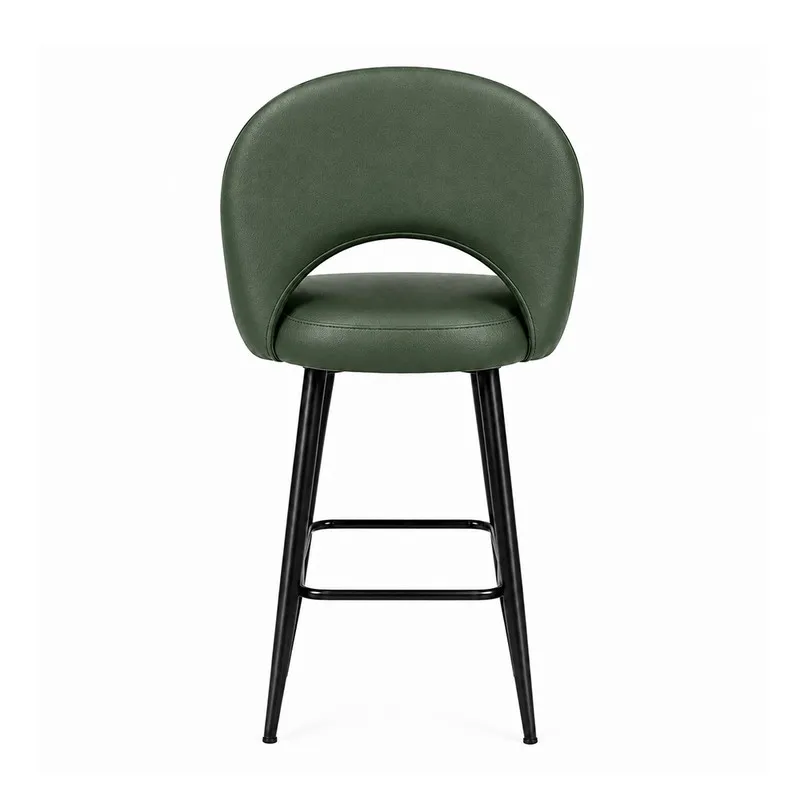 Rear view of dark green bar chair with curved back and black metal legs