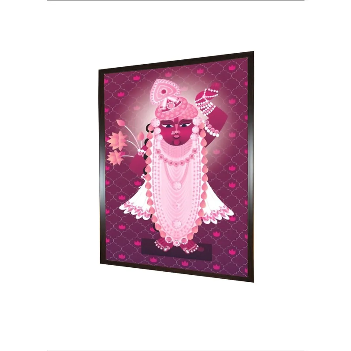 Angled view of framed folk goddess canvas wall painting in pink tones