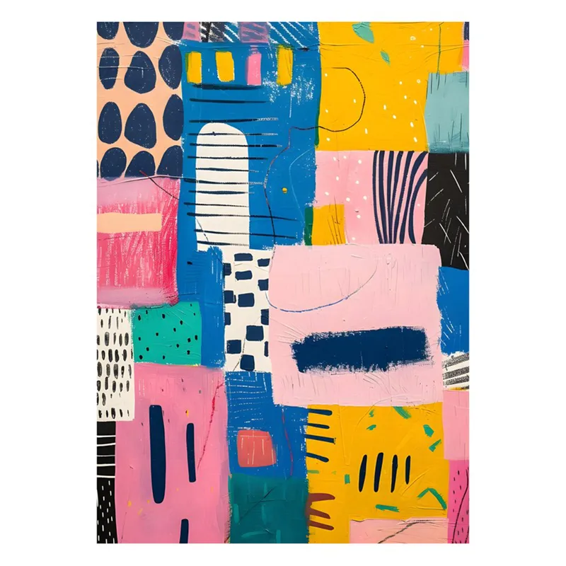 Front view of a rectangular abstract canvas painting with bold patchwork shapes
