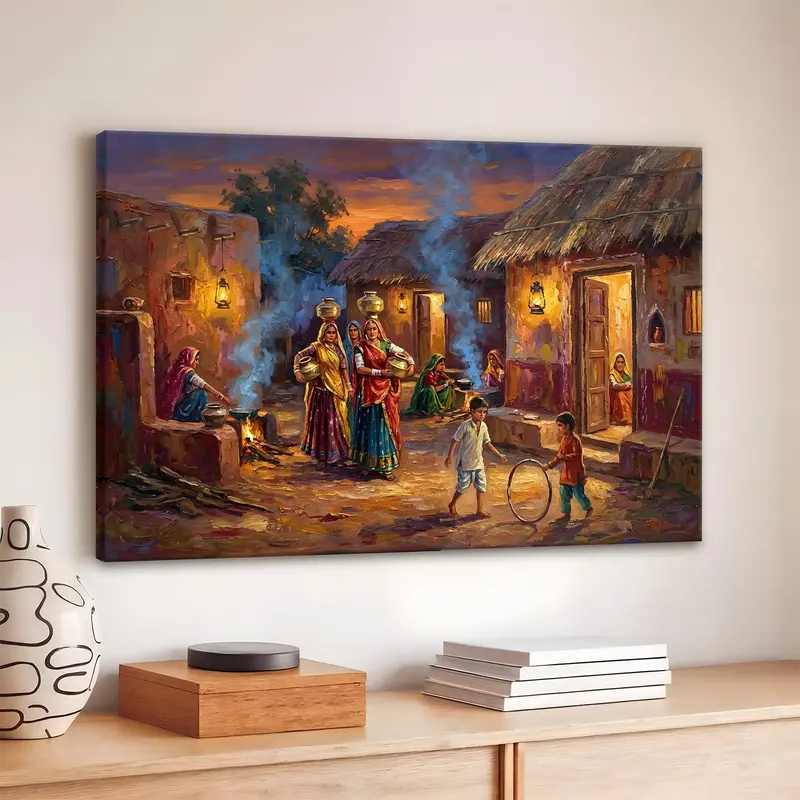 Lantern Lit Village Evening Canvas Wall Painting