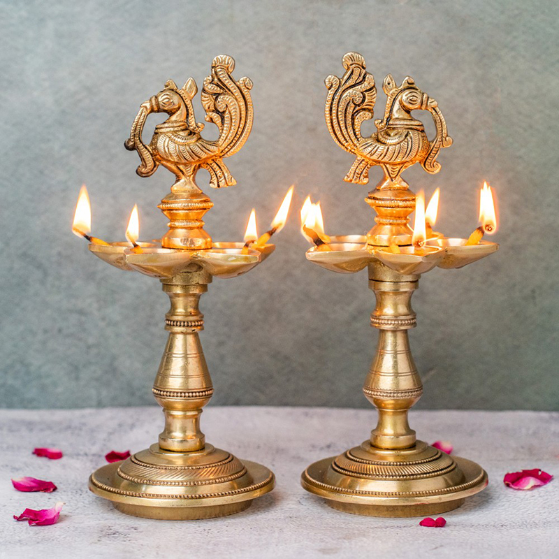 Peacock Splendor Brass Diya - Set of Two