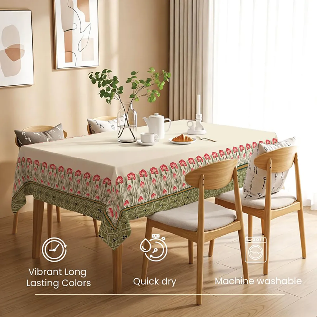 Printed rectangular table cover draped over a dining table with chairs