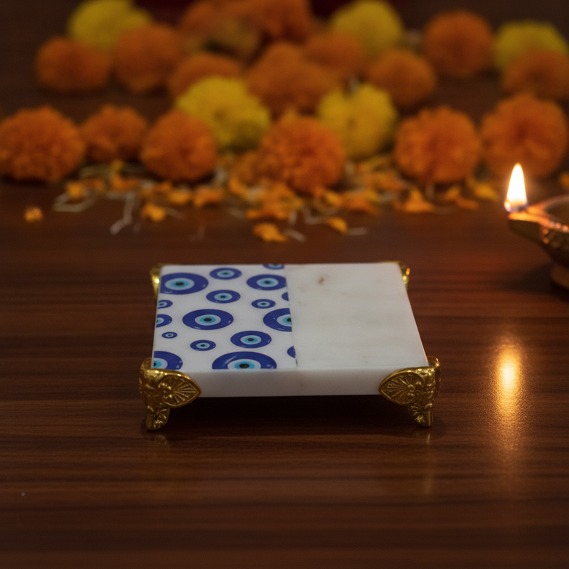Neelkanth Mandala Marble Pooja Chowki - White,Blue