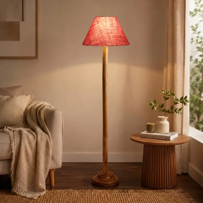Rustic Red Jute Wooden Floor Lamp