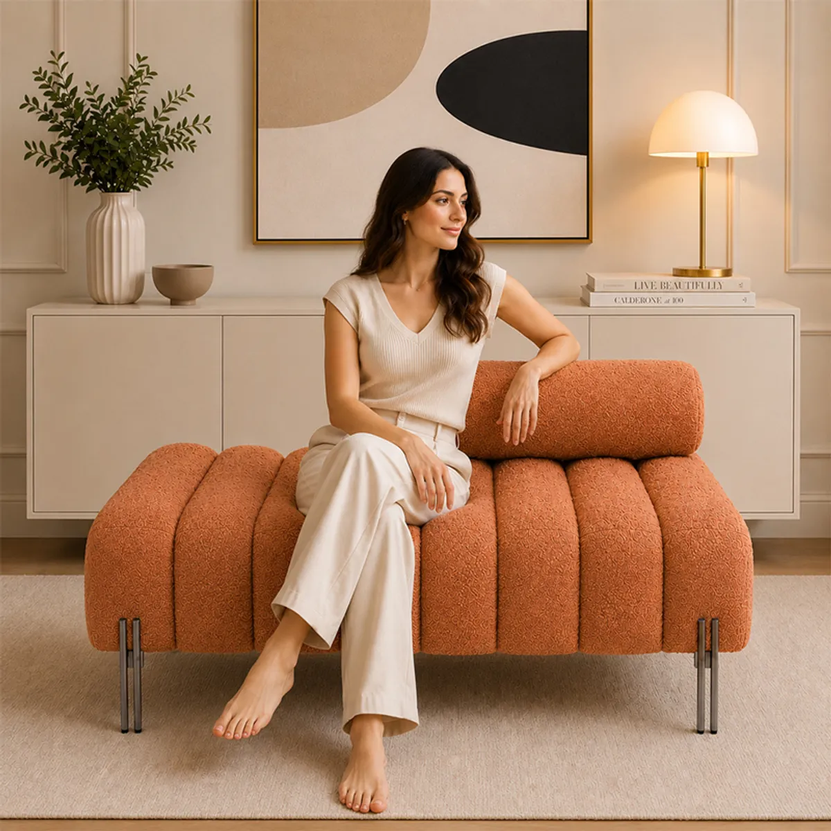 Person seated on a rust bouclé bench with a cylindrical bolster backrest