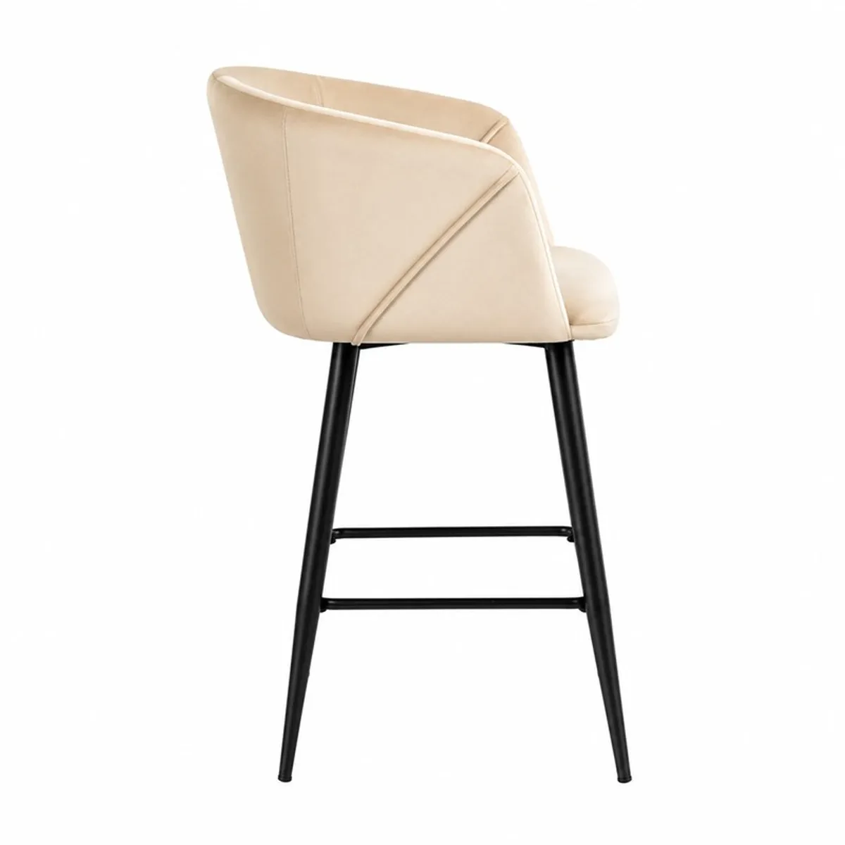 Side view of off white velvet bar chair with wraparound backrest