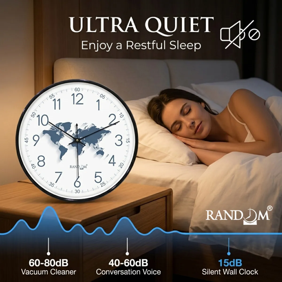 Silent wall clock shown beside a bed in a bedroom setting.