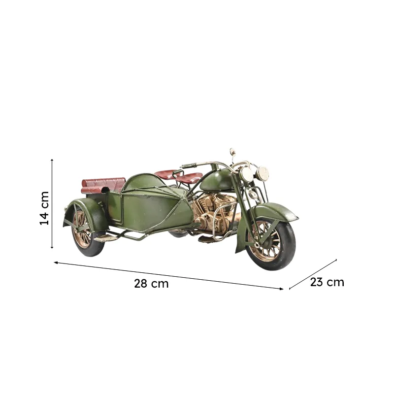 Vintage motorcycle sidecar showpiece shown with size illustration